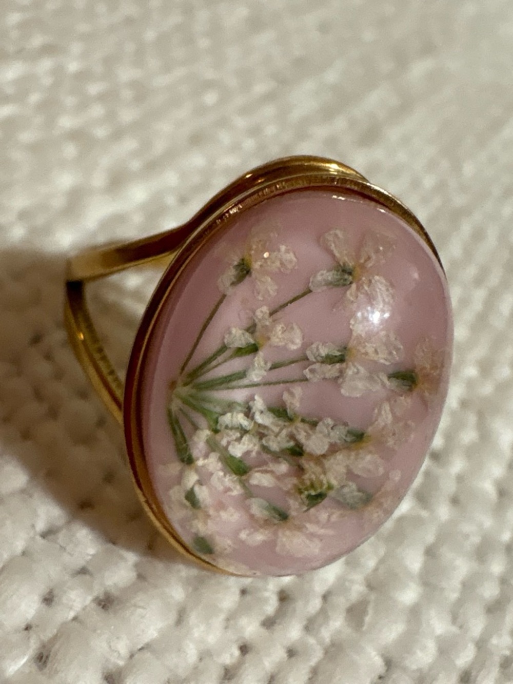 Pink Floral Resin Dome Ring in Gold Tone